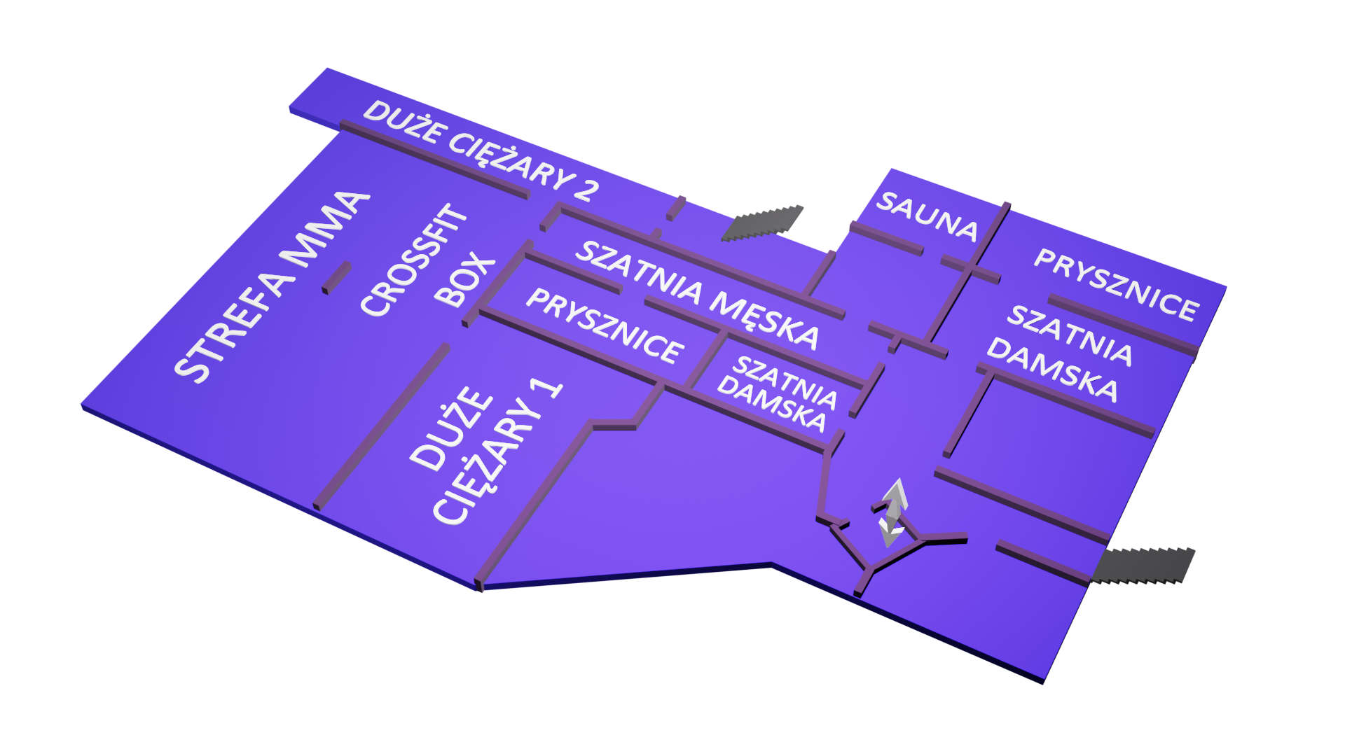 Mapa 3D wybranego piętra klubu INFINITI, wraz z nazwami konkretnych miejsc na piętrze - aktualnie widać poziom minus pierwszy